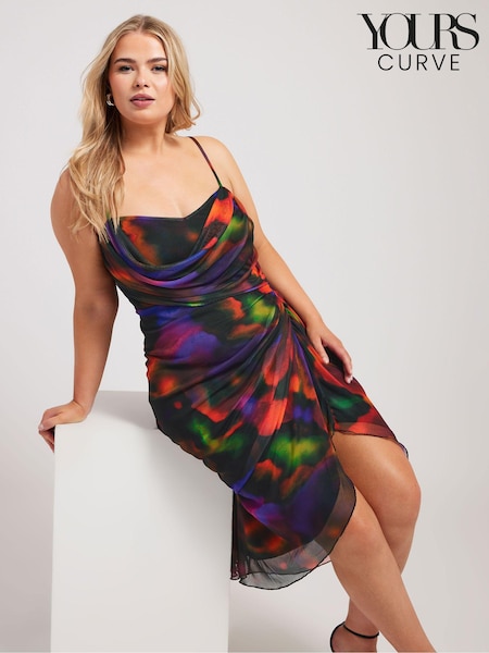 Yours Curve Black Mesh Gather Tulip Dress (E25686) | 262 QAR
