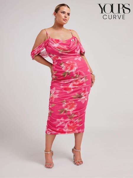 Yours Curve Cold Shoulder Cowl Gather Mesh Dress (E25687) | €70