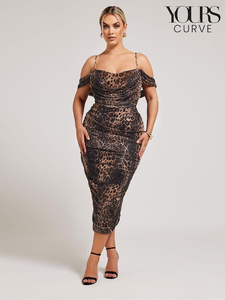 Yours Curve Cold Shoulder Cowl Gather Mesh Dress (E25692) | €83