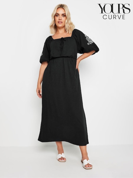 Yours Curve Embroidered Puff Sleeve 100% Cotton Maxi Dress (E25697) | €52
