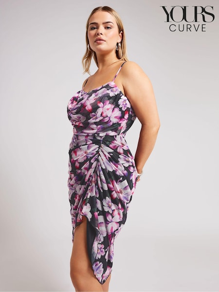 Yours Curve Black Floral Mesh Gathered Tulip Dress (E25706) | €31