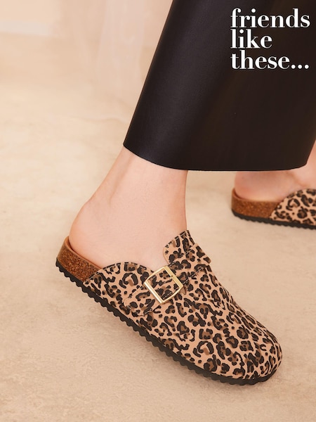 Friends Like These Brown Leopard Buckle Faux Suede Comfort Footbed Clog (E25711) | AED73