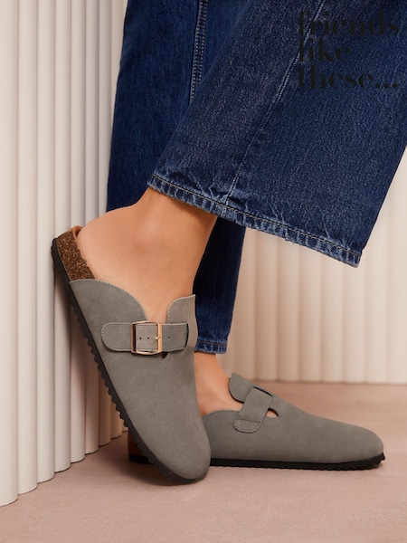 Friends Like These Grey Buckle Faux Suede Comfort Footbed Clog (E25712) | €19