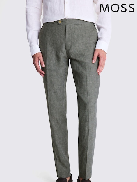 MOSS Green Slim Fit Puppytooth 100% Linen Trousers (E25729) | AED291
