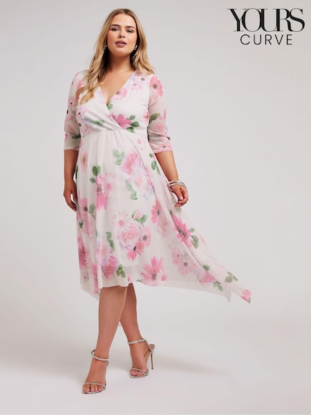 Yours Curve Pink Floral Wrap Mesh Hanky Hem Dress (E25734) | €82