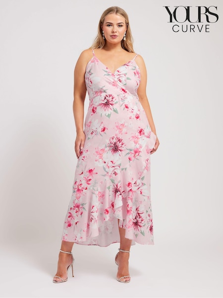 Roz - Rochie Yours Curve model petrecut cu imprimeu floral și volane (E25735) | 469 LEI