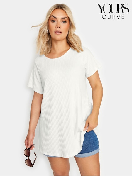 Yours Curve White Ribbed Short Sleeve Swing Top (E25737) | €29