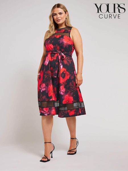 Yours Curve Black Floral Mesh Panel Skater Dress (E25738) | $94