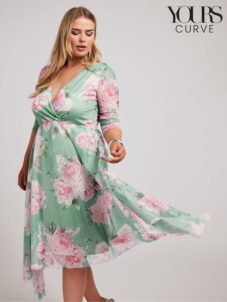 Yours Curve Floral Wrap Mesh Hanky Hem Dress (E25742) | €30