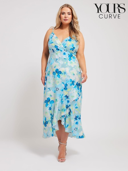 Синий - Yours Curve Floral Ruffle Wrap Dress (E25750) | €83