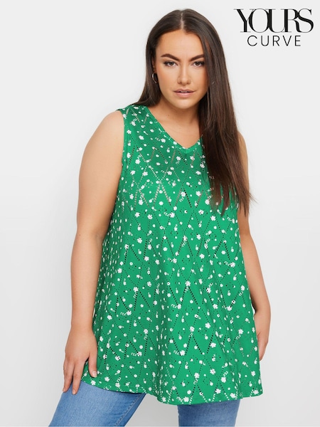 Grün - Yours Curve Floral Print Broderie Anglaise Vest Top (E25758) | 8 €