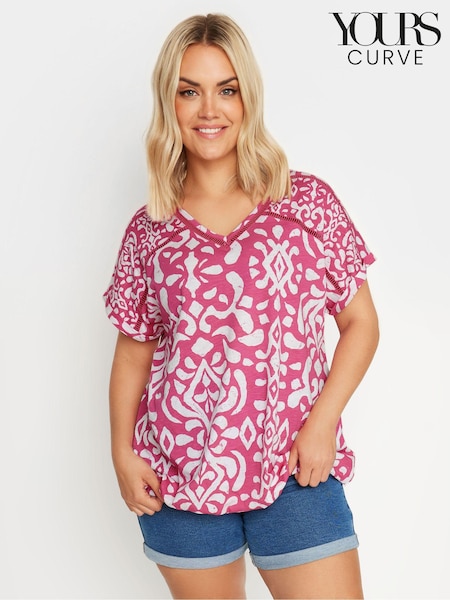 Yours Curve Pink Grown On Sleeve Bubble Hem Crochet 100% Cotton Top (E25768) | €28