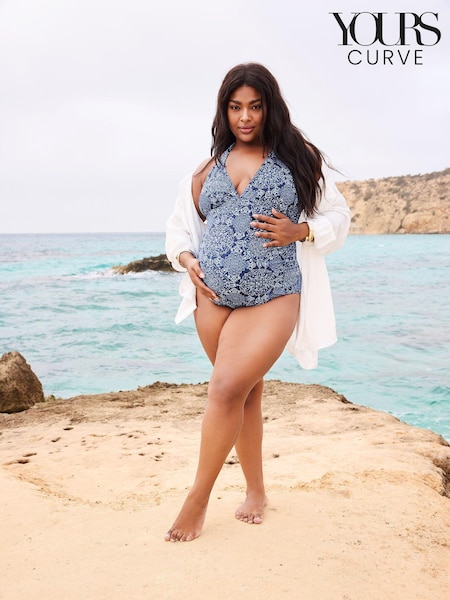 Yours Curve Blue Maternity Paisley Halter Neck Swimsuit (E25780) | €52