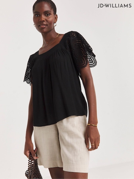 JD Williams Black Square Neck Lace Sleeve Top (E25930) | €17.50