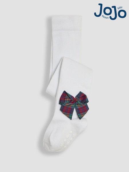 JoJo Maman Bébé White Tartan Cotton Rich Tight With Bows (E26045) | €16