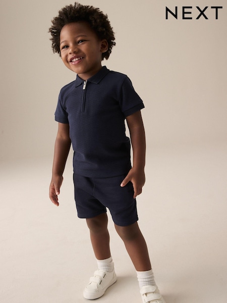 Navy Textured Short Sleeve Zip Neck Polo And Shorts Set (3mths-7yrs) (E26081) | $19 - $26