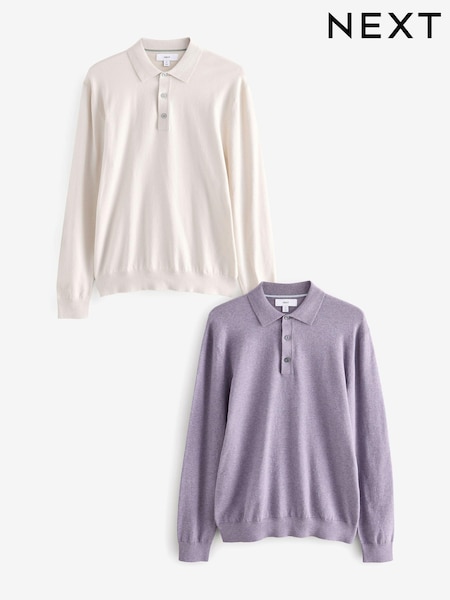 محايد/ أرجواني فاتح - Knitted Long Sleeve Polo Shirts 2 Pack (E26106) | ‏245 د.إ.‏
