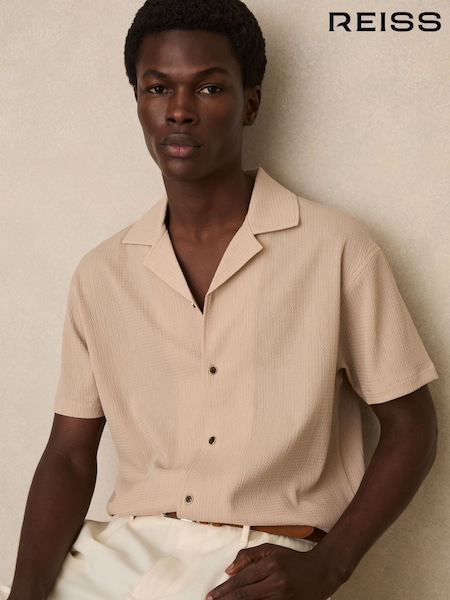 Reiss Oatmeal Hunt Textured Cuban Collar Shirt (E26131) | ₪496