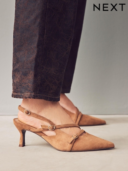 Camel Forever Comfort® Leather Multi Buckle Slingback Heels (E26132) | $74