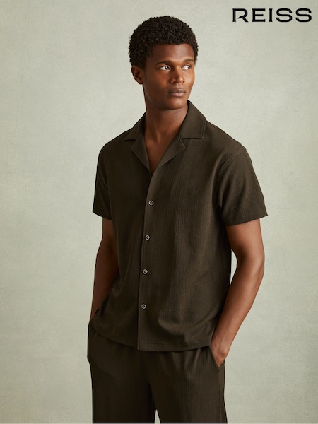 Reiss Dark Olive Green Hunt Textured Crepe Cuban Collar Shirt (E26134) | 500 QAR