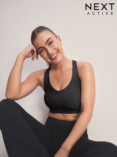 Black Active Sports Low Impact Dry Tech Ribbed Crop Bra (E26174) | €21