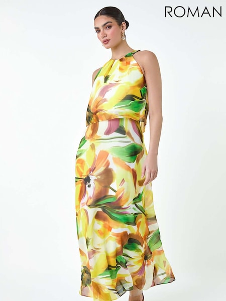 Roman Yellow Abstract Print Chiffon Overlay Maxi Dress (E26188) | 334 QAR