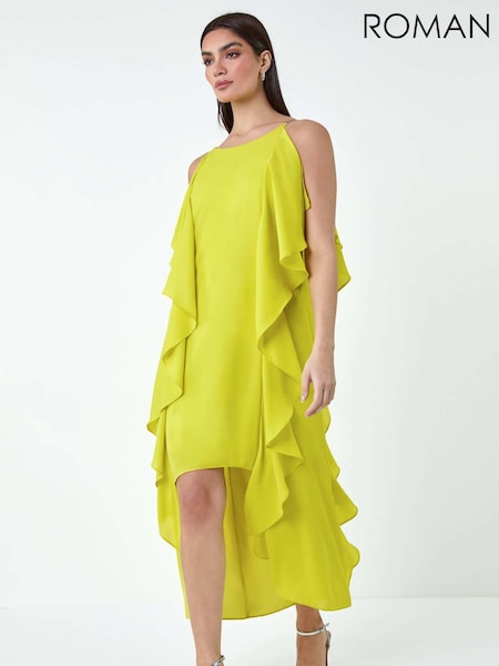 Verde - Rochie midi Roman cu tiv asimetric și detalii cu volănașe (E26192) | 495 LEI