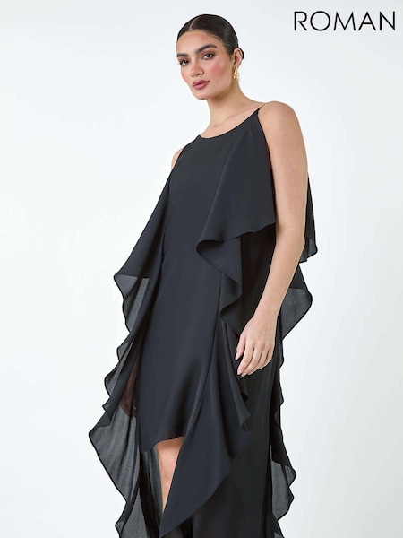 Negru - Rochie midi Roman cu tiv asimetric și detalii cu volănașe (E26194) | 495 LEI