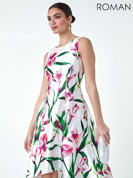 Roman Pink Floral Satin Feel Dipped Hem Midi Dress (E26195) | €79