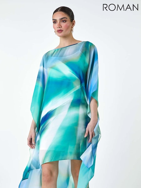 Roman Green Abstract Print Chiffon Draped Tunic Dress (E26199) | €70