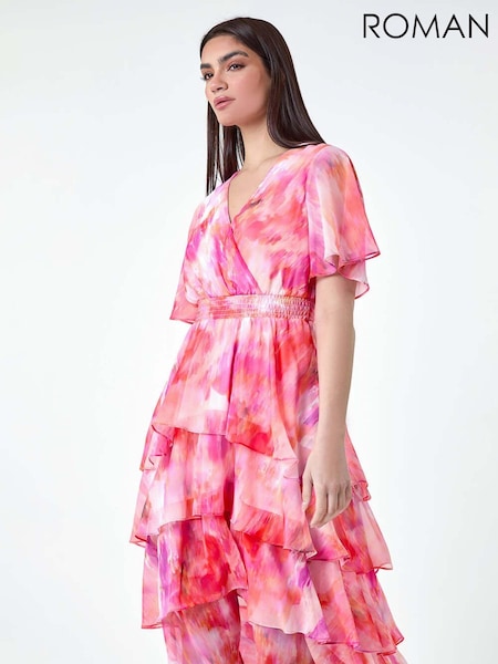 Roman Pink Abstract Print Tiered Midi Dress (E26200) | €83