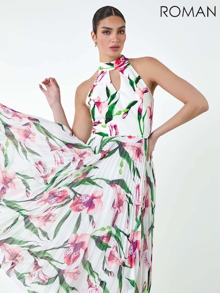 Roman Pink Floral Print Pleated Midi Dress (E26209) | R$ 1.330