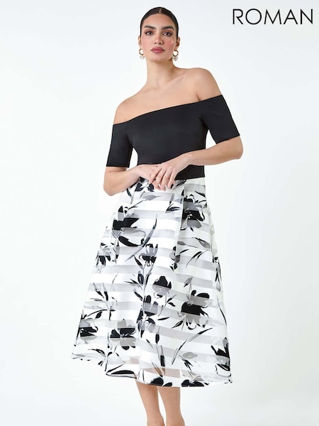 Roman Floral Print Premium Stretch Bardot Dress (E26210) | €73