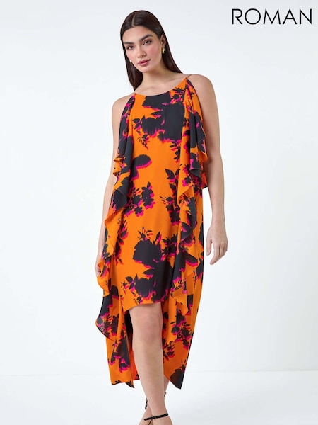 Roman Floral Chiffon Ruffle Detail Midi Dress (E26211) | €73