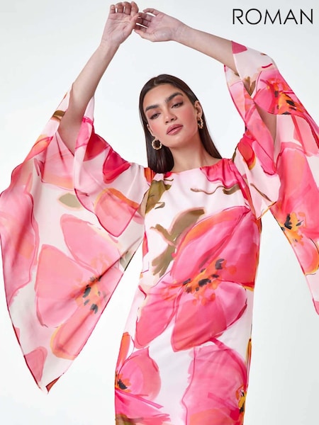 Roman Pink Floral Print Chiffon Cape Dress (E26213) | €57