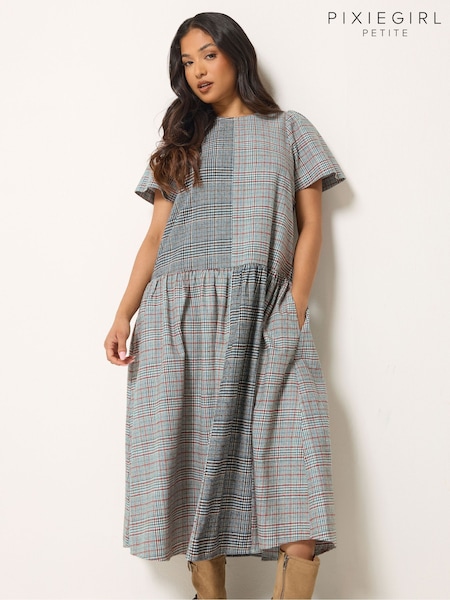 Grau - Pixiegirl Petite Brushed Check Patchwork Maxi Dress