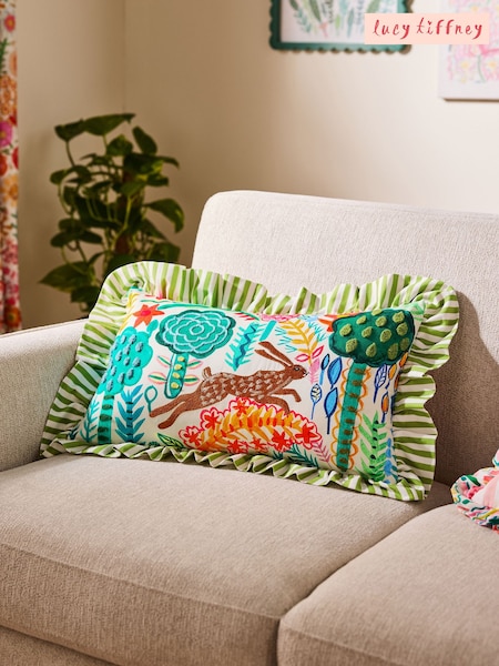 Lucy Tiffney Green Run Rabbit Embroidered Ruffle Cushion (E26225) | €32