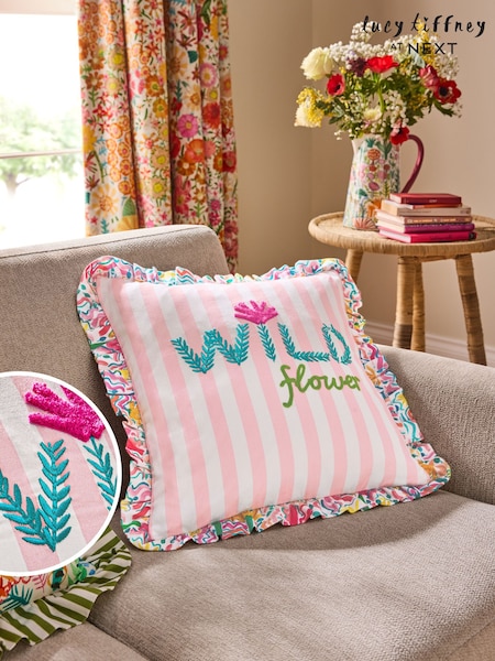 Lucy Tiffney Pink Wildflower Embroidered Cotton Cushion (E26227) | €32