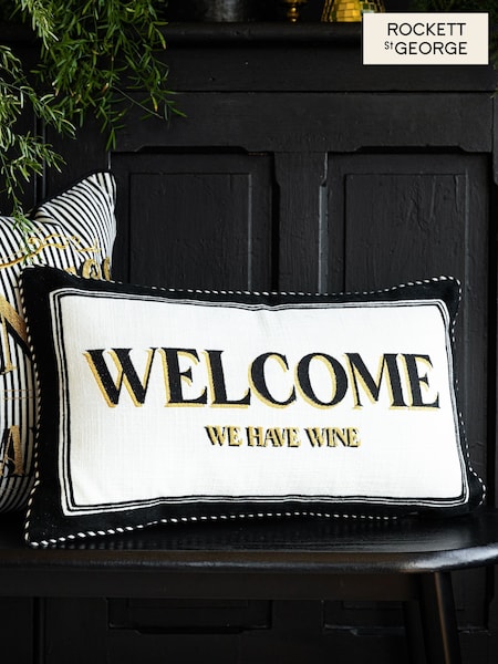 Rockett St George Cream/Black Welcome We Have Wine Embroidered Slogan Cushion (E26228) | €40