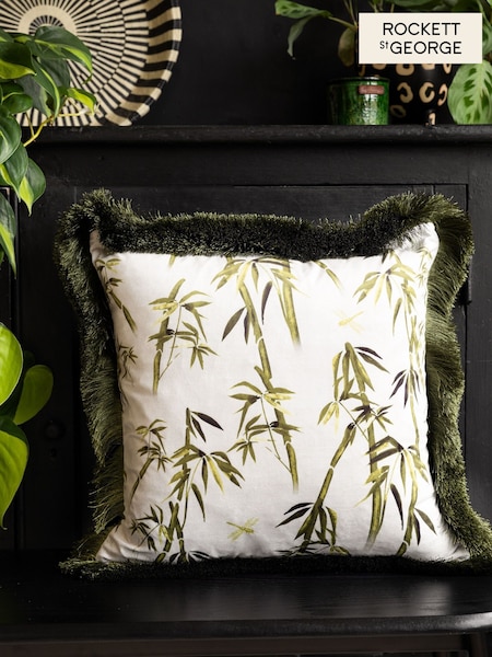 Rockett St George Green Bamboo Viscose Velvet Fringe Cushion (E26230) | €50