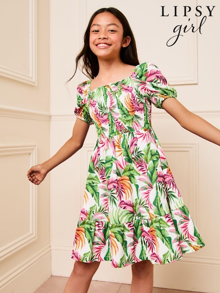 Lipsy White Palm Print Square Neck Jersey Crinkle Dress (E26328) | €19 - €25