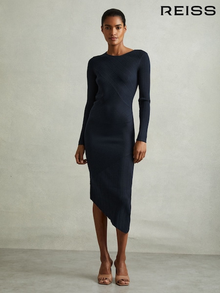 Reiss Teal Jem Knitted Colourblock Asymmetric Midi Dress (E26331) | €71