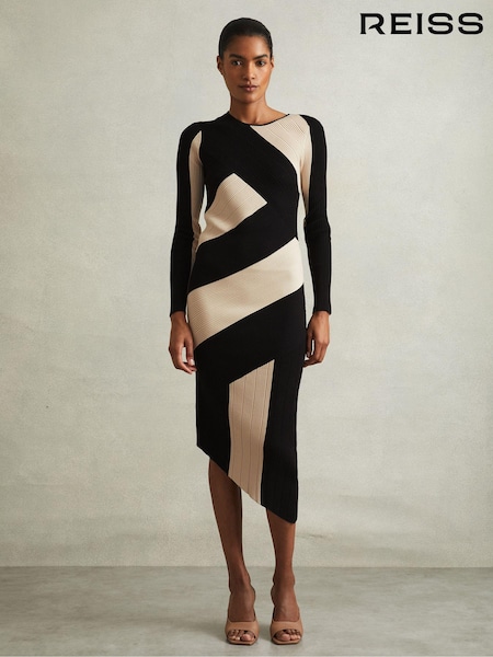 Reiss Jem Knitted Colourblock Asymmetric Midi Dress (E26339) | €271