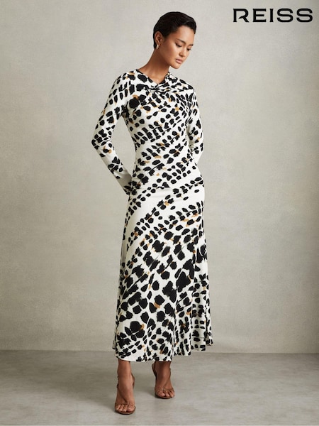 Reiss Black/White Vanita Printed Jersey Twist Detail Midi Dress (E26344) | €80