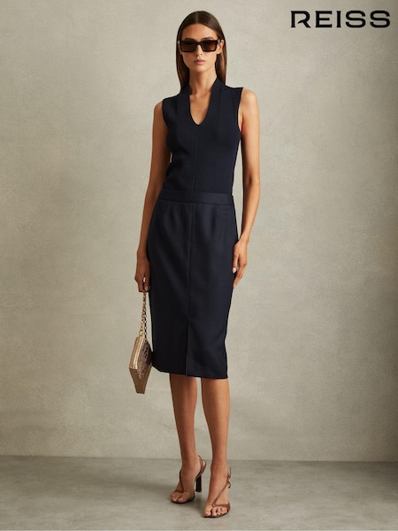 Reiss Navy Hallie Textured Pencil Midi Suit Skirt (E26353) | €181