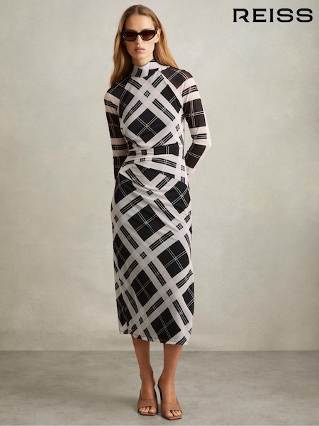 Reiss Black/Ivory Darla Checked Ruched Midi Dress (E26358) | kr3 969