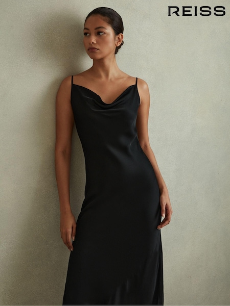 Reiss Black Isabel Satin Cowl Neck Midi Dress (E26394) | $226