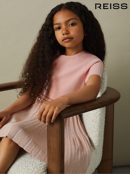 Reiss Pink Zoe 9-13 yrs Metallic Pleated Knitted Dress (E26397) | 544 QAR