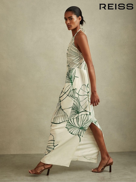 Reiss White/Green Lexi Floral Sketch Halter Neck Maxi Dress (E26399) | 2,043 QAR