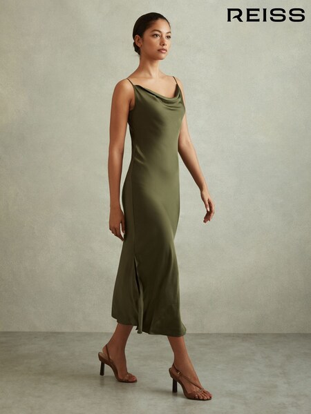 Khaki - Reiss Isabel Satin Cowl Neck Midi Dress (E26401) | €202